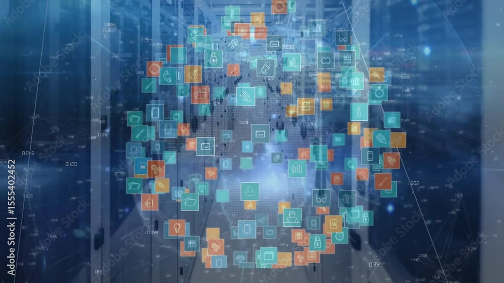 Poster on data feed activation globe of floating square icons spinning and pulsing to illustrate data flow