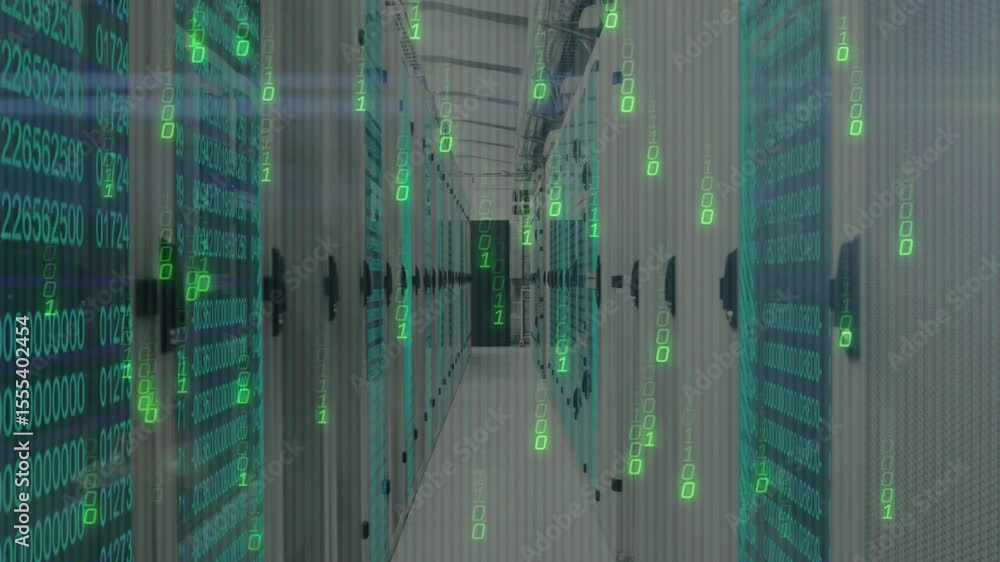 Poster camera viewing initiating code scrolling and digits floating showing processing in server aisle