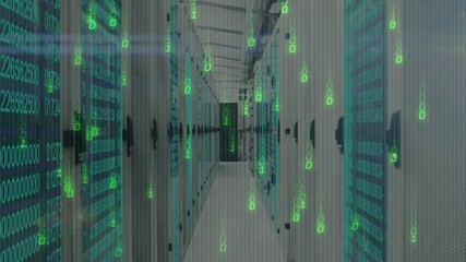 Camera viewing initiating code scrolling and digits floating showing processing in server aisle - Powered by Adobe