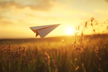 Paper airplane soars over sunlit field, embodying dreams and aspirations. Golden hour glow adds magic to the scene. Fly high!