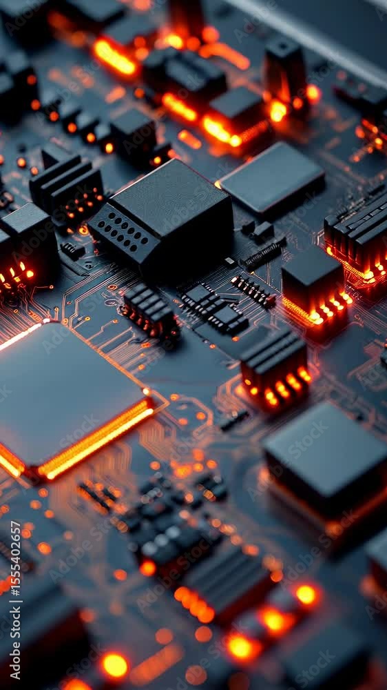 Poster intricate detail of a computer circuit board with vibrant orange lights