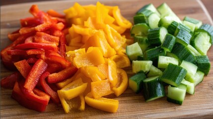 Colorful assortment of sliced red, yellow bell peppers, and green cucumbers on a wooden cutting board