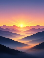 Fototapeta premium Majestic Sunrise Over Misty Mountain Ranges Layers of purple orange and yellow hues illuminate the peaks and valleys creating a serene and tranquil atmosphere The sun rises above the horizon