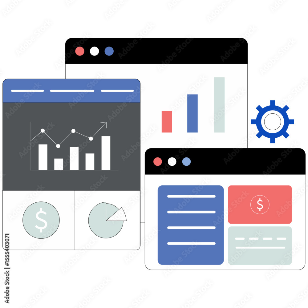 Poster flat dashboard style graphic featuring multiple mini charts including growth, conversion, and revenu