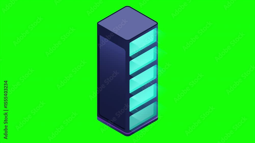 Poster Isometric futuristic server animation. Isometric database or data center. Abstract blockchain. Computer storage. Cloud storage. 4K video animated in isometric style
