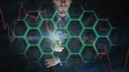 Red graph pulsing triggers businessman tapping hexagon expanding network revealing connections - Powered by Adobe