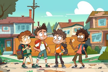 Group of happy boys going to school. Back to school. Vector illustration