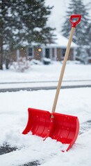 Bright red snow shovel stands in a snowy driveway during a winter storm.