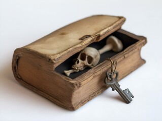 an old, hollowed-out book containing a miniature human skull and two antique keys, symbolizing a dark secret