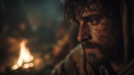 Photorealistic portrayal of Peter's confession, capturing intense emotion and vulnerability. The scene evokes a sense of revelation and sincerity, reminiscent of biblical moments. matthew 16:16, 