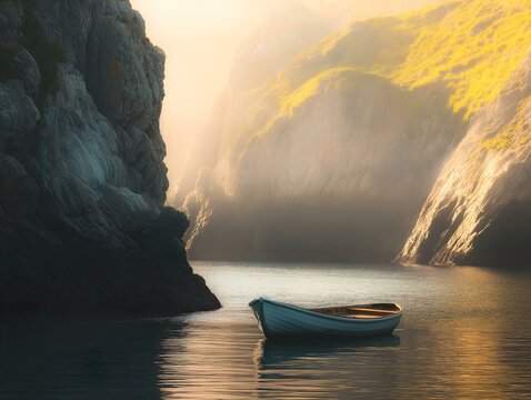 dramatic seascape, boat, rocky cliffs, calm water, ocean, dramatic lighting, moody atmosphere