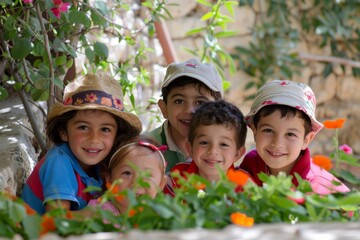 Group of happy kids in the garden. Selective focus. Kid.
