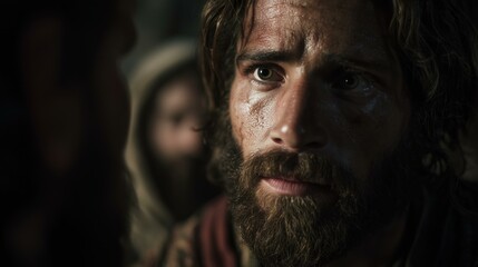 Fototapeta premium Photorealistic portrayal of Jesus in a tense moment, foretelling Peter's denial. The atmosphere is somber and intense, reflecting deep emotional conflict. Biblical context: Matthew 26:34, Luke 22:34.