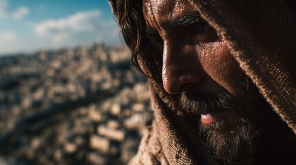 Fototapeta premium Photorealistic portrayal of a sorrowful figure, reminiscent of Jesus weeping over Jerusalem, capturing deep emotion and reflection against a city backdrop. Biblical context, Luke 19:41-44.
