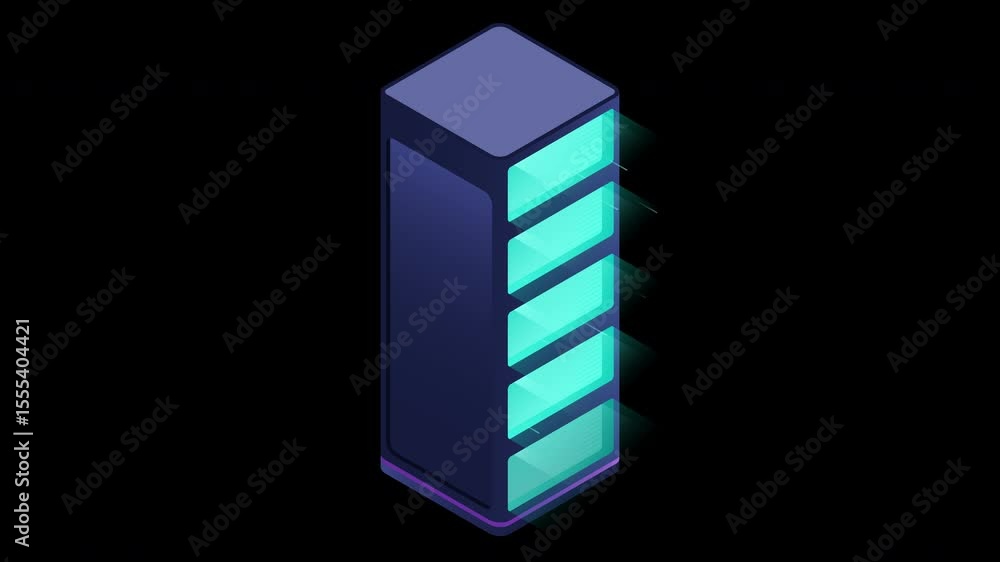 Poster Isometric futuristic server animation. Isometric database or data center. Abstract blockchain. Computer storage. Cloud storage. Transparent background with alpha channel