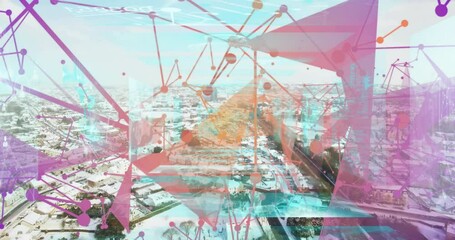 Glowing nodes appearing over snow city starting network growth, forming tunnel showcasing data flow - Powered by Adobe