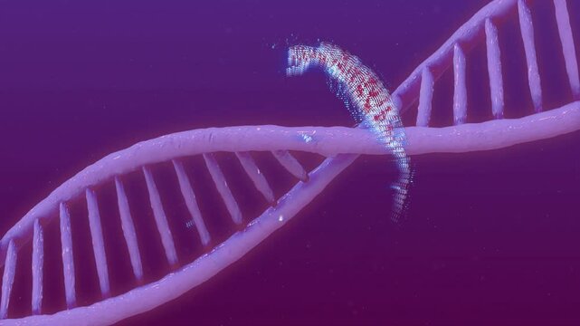 Pixel globe forming then sliding along DNA helix, dissolving, reforming, showing genetic connection