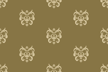 Beige Damask Seamless Pattern on Olive Green Background