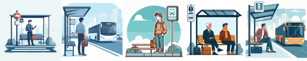 vector image of a man waiting at a bus stop on a white background