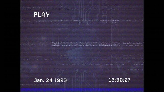 Playback starting glitching lines sweeping over circuit globe with time stamp incrementing