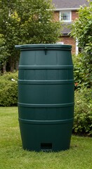 Dark Green Rain Barrel in Lush Garden Setting