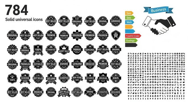784 solid universal icons and business badges set, black marketing labels and handshake symbol, professional graphic resource for web design