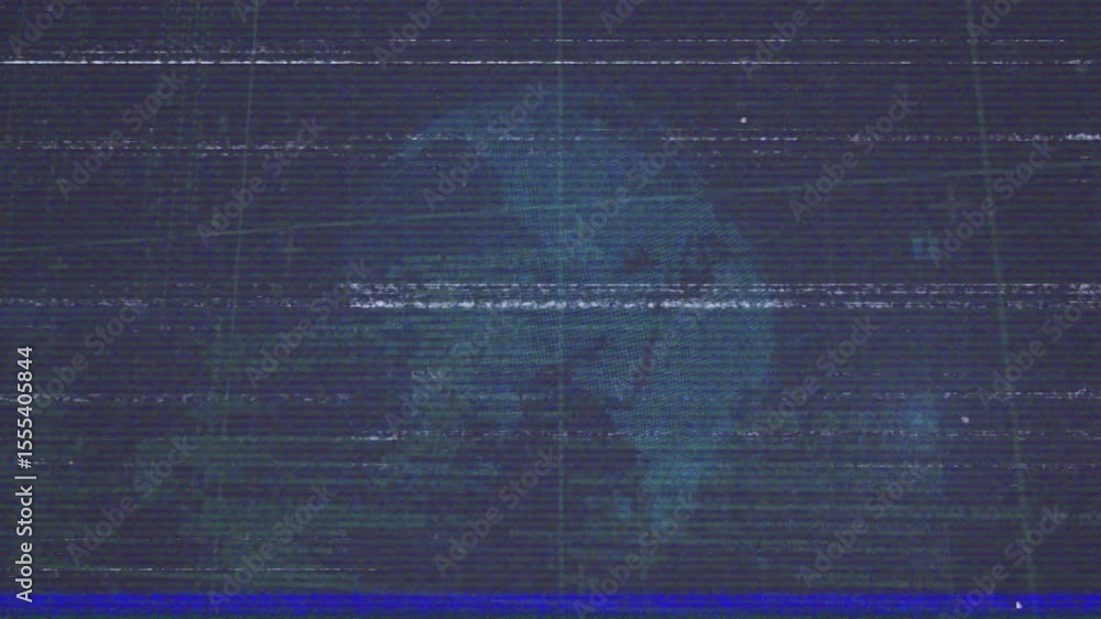Poster static glitch lines fading triggers 3d globe spinning revealing continents for broadcast demo