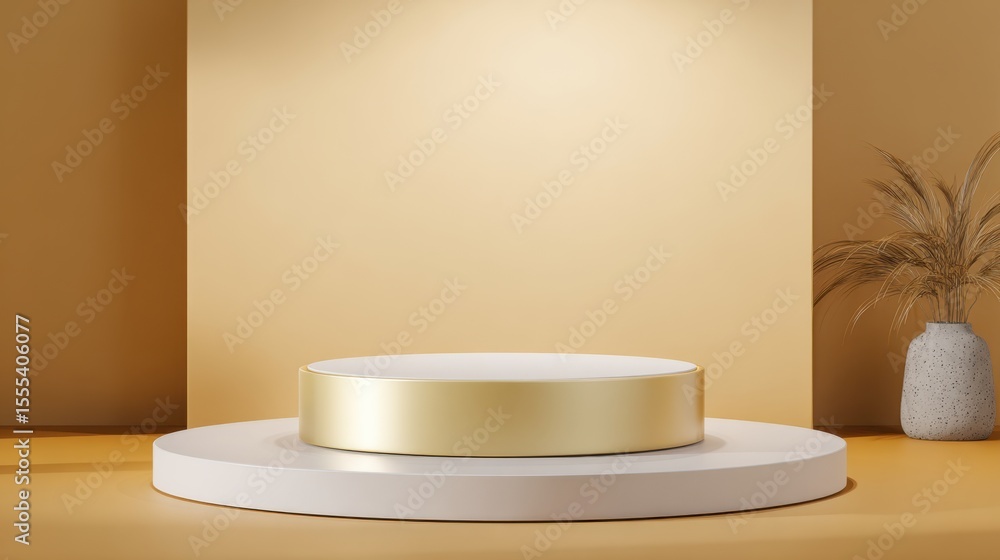 Poster elegant product display platform with gold accent neutral color palette creates a refined presentati