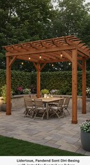 Obraz premium Elegant outdoor dining area beneath a wooden pergola with string lights at dusk