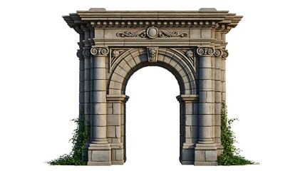 Obraz premium Ancient stone archway adorned with ivy, showcasing classical architecture and weathered texture against a clean background.