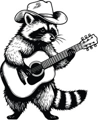 Raccoon Playing Guitar Laser Engrave Design isolated on white background eps © IAKCreatives