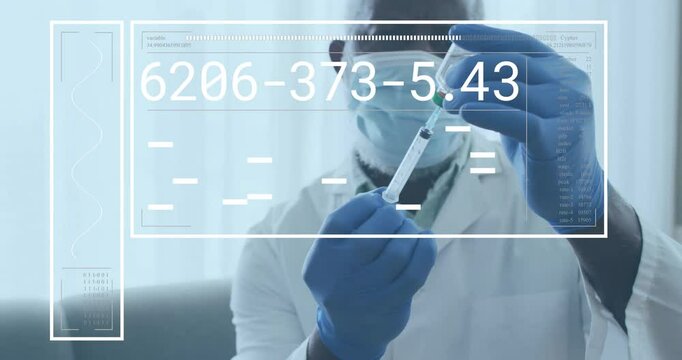 Doctor grabbing syringe and vial as digital medical overlay guiding vaccine dosing with batch codes