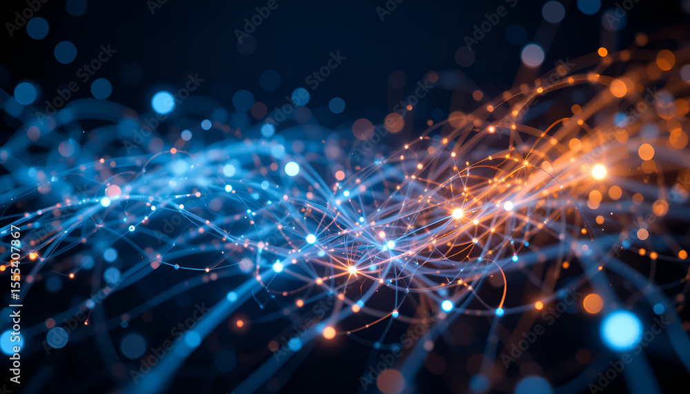 Poster dynamic network connections are visualized by glowing lines and nodes in shades of blue and orange, 