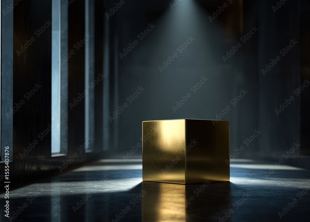 Poster isolated metallic cube: a polished metallic cube sits in an industrial setting illuminated by a spot