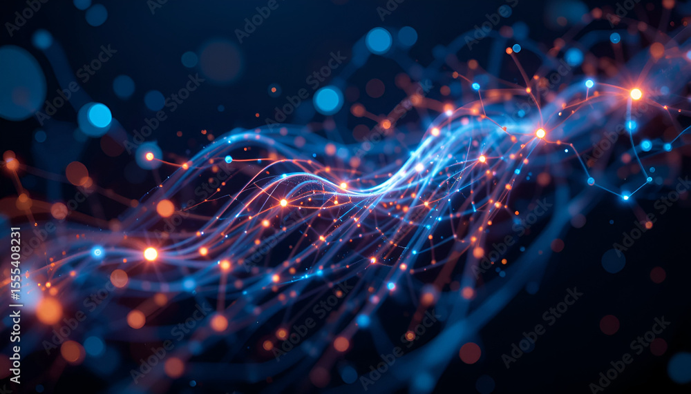 Poster captivating networks of blue and orange light converge, representing data streams, artificial intell