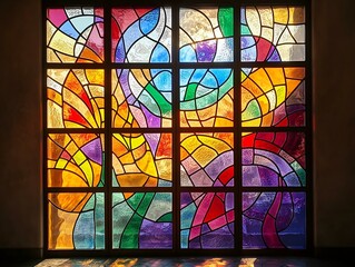 a vibrant, abstract stained glass window with flowing, colorful patterns of red, blue, yellow, and green
