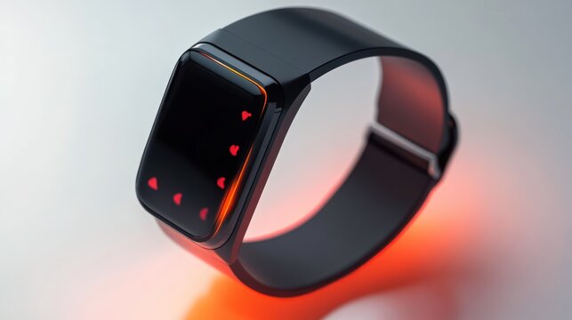 Sleek black smartwatch displaying row of hearts, modern wrist technology