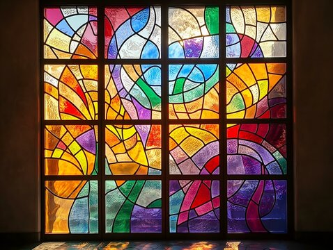 a vibrant, abstract stained glass window with flowing, colorful patterns of red, blue, yellow, and green