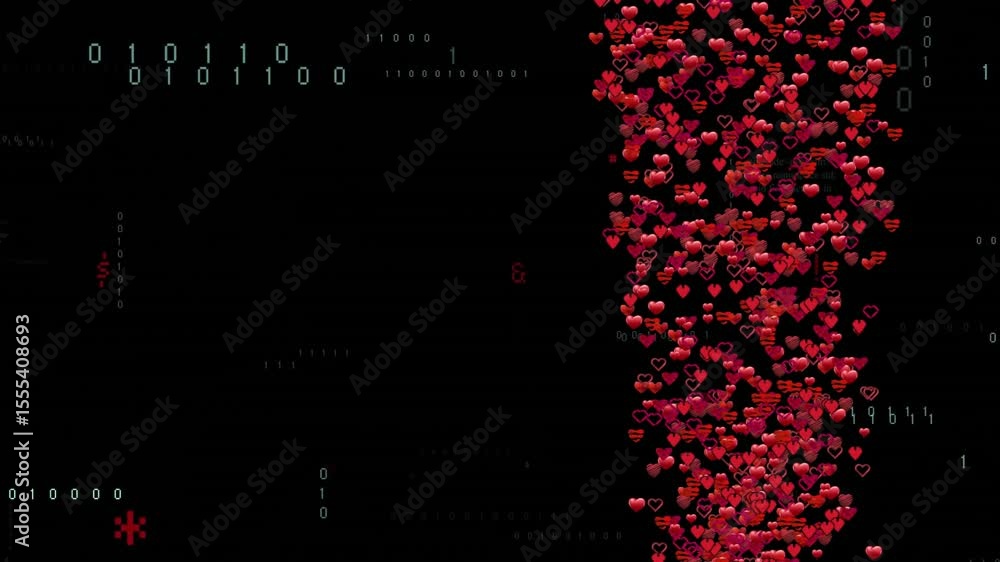 Poster small red heart icons appearing and rising up column as code fragments sliding to prompt input