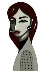 Beautiful portrait, painting in traditional, contemporary, retro art style of a young woman, girl with red hair, lips, black sweater and earrings, grey cardigan, green eyes, png, isolated