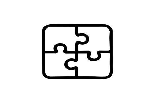 This is a clean, black-and-white illustration of a square-shaped puzzle made up of four interlocking pieces. Each piece fits seamlessly with its neighbors, forming a complete and unified image.icon