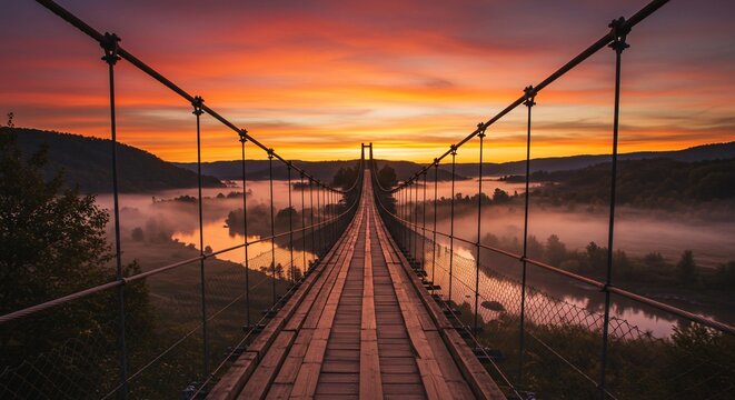 Wooden Suspension Bridge at Vibrant Sunrise with Misty River Valley