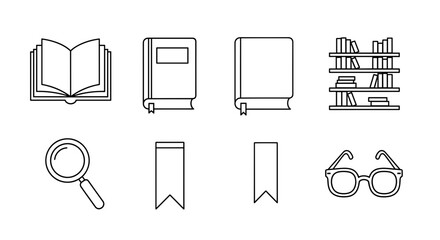 Collection of linear education icons featuring books bookshelf glasses and magnifying glass in outline style