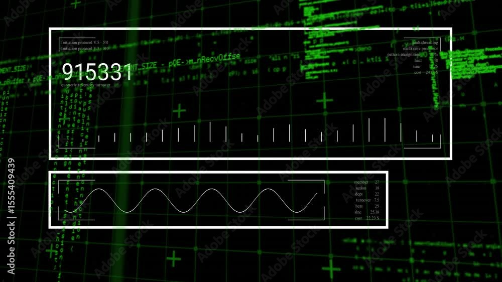 Poster fading in panels, updating numbers and bar graphs while sinewave oscillating for data visualization