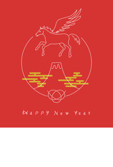 正月素材：初日の出に飛ぶペガサスと富士山のシンプルでおしゃれな年賀状素材（午年）