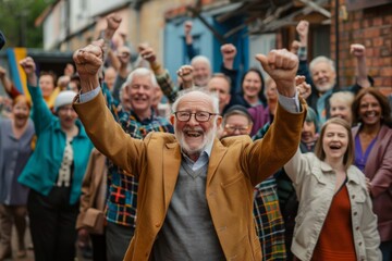 Senior man raising his hands in the air with a group of people behind him