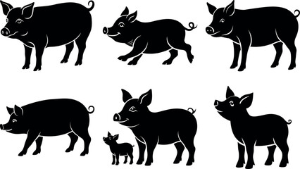 Pig Silhouette Collection Editable Vector Bundle Perfect for Rural Branding, Illustration Projects, and Product Packaging