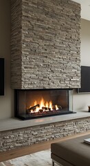Modern stone fireplace with glass enclosure and burning logs in a living room