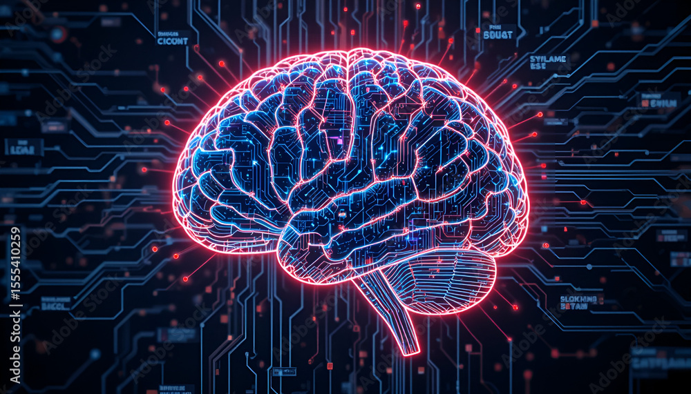 Poster digital human brain glows against circuit board background representing artificial intelligence and 