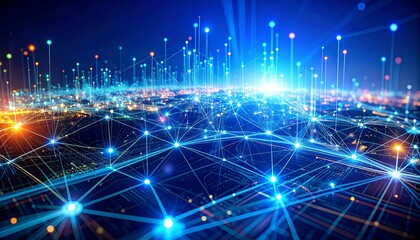 Obraz premium Luminous network, interconnected lines and lights weaving a complex web of digital communication